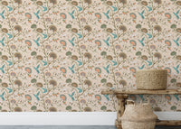 Blossom garden wallpaper used as a feature wall behind a wooden bench.
