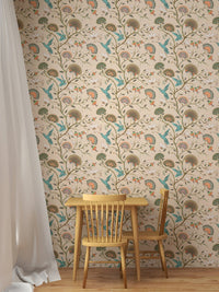 Hummingbird wallpaper in a dining area with a small wooden table and chairs.