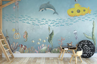 Whimsical submarine scene with bubbles and jellyfish wall mural.
