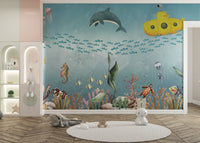 Playful marine animals and seaweed watercolor wallpaper.