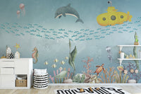 Ocean explorer theme with submarine and starfish wallpaper.