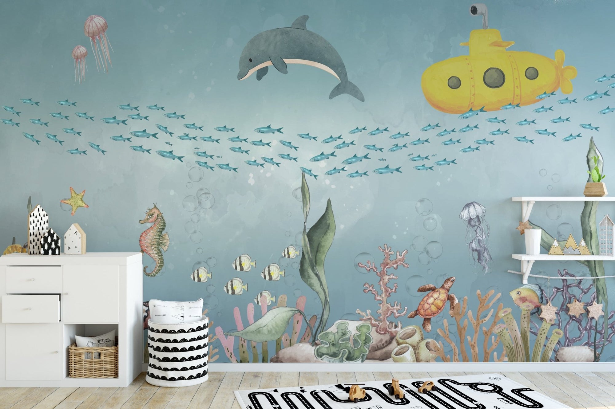Ocean explorer theme with submarine and starfish wallpaper.