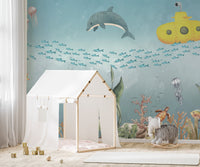 Coral, anchor, and sea plants nautical wall mural wallpaper.