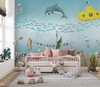 Soft blue underwater illustration with fish wall mural.