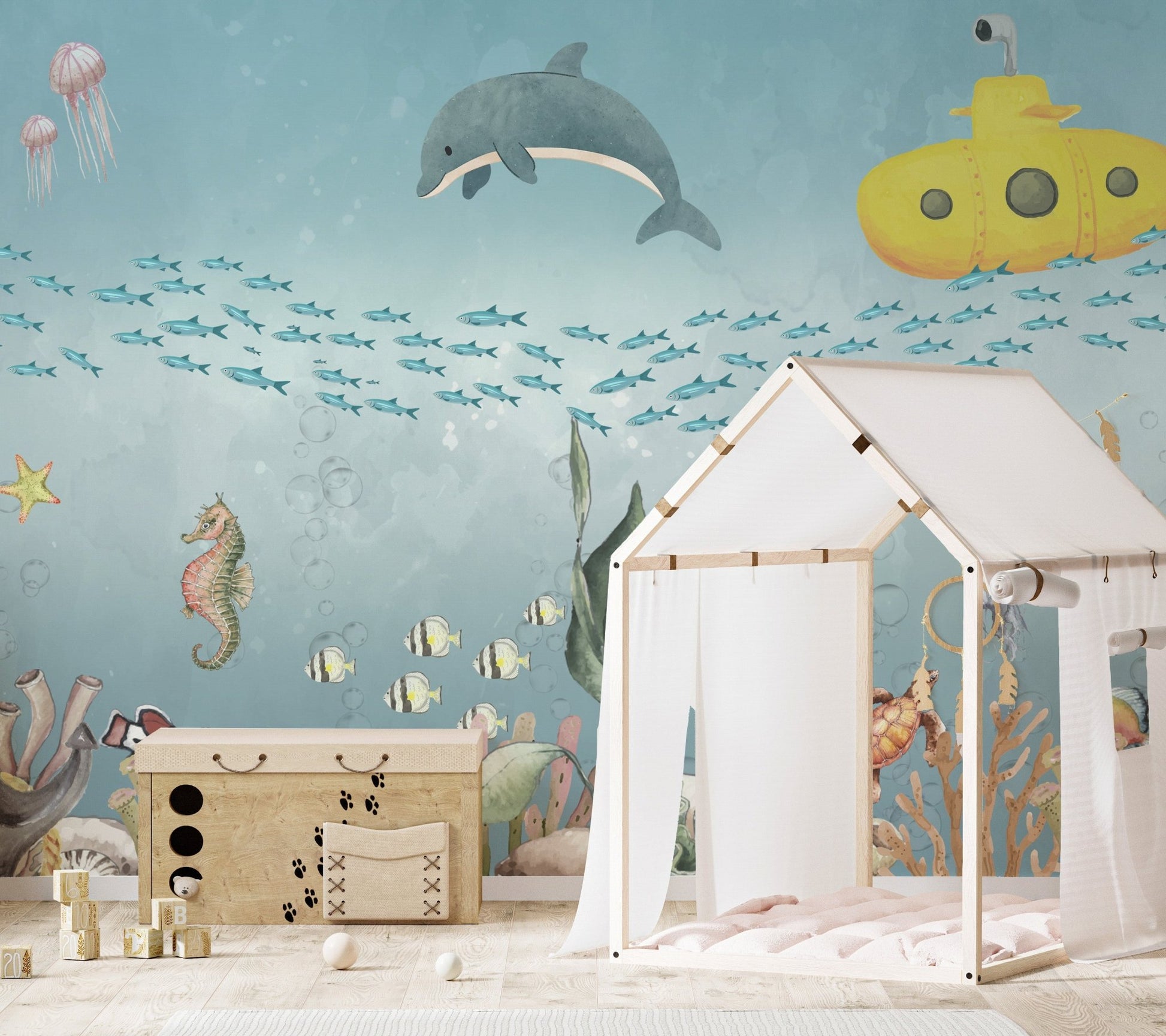Yellow submarine with dolphin and fish school wall mural.