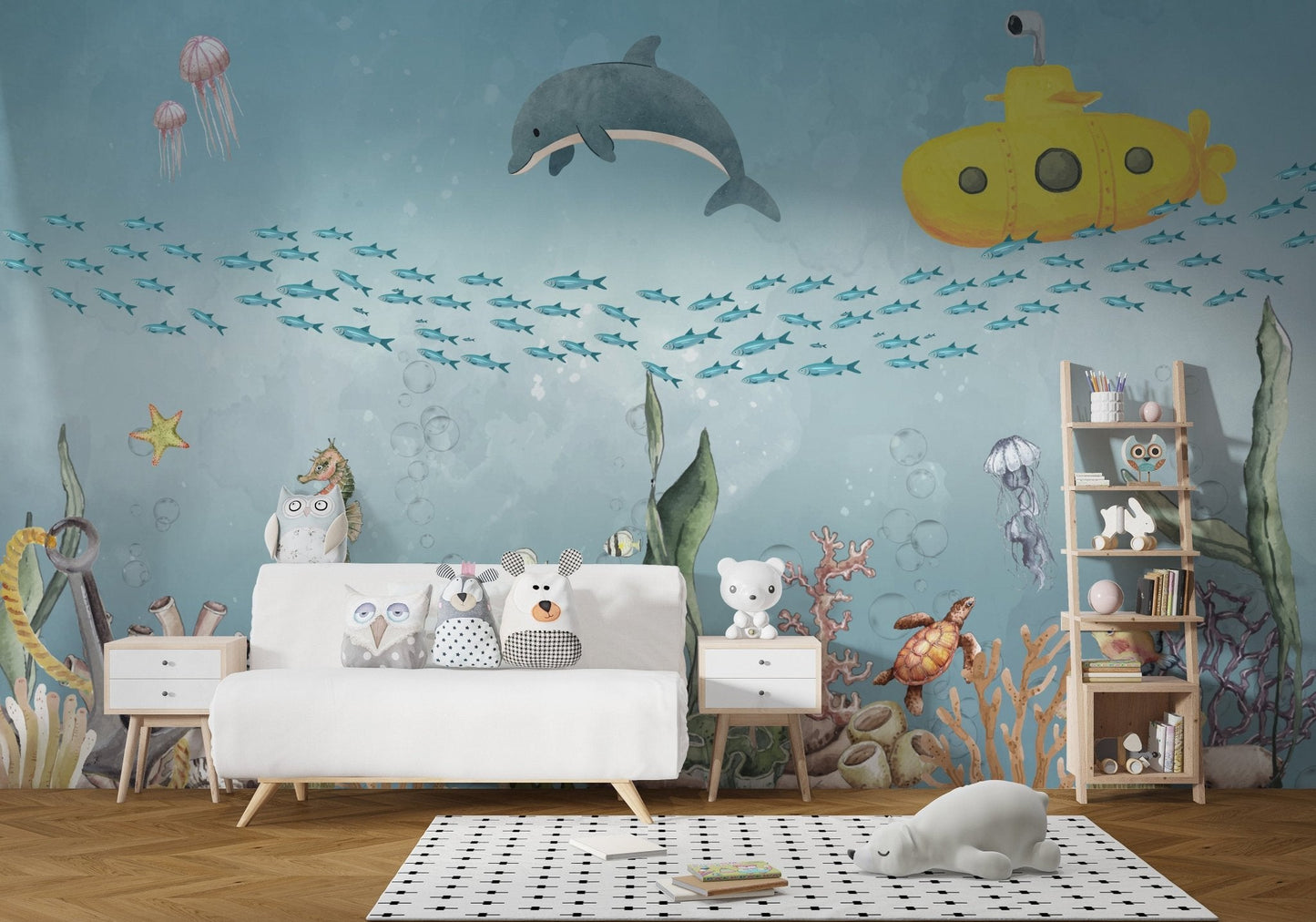 Seahorse and jellyfish in blue ocean wall mural with submarine exploration wallpaper.