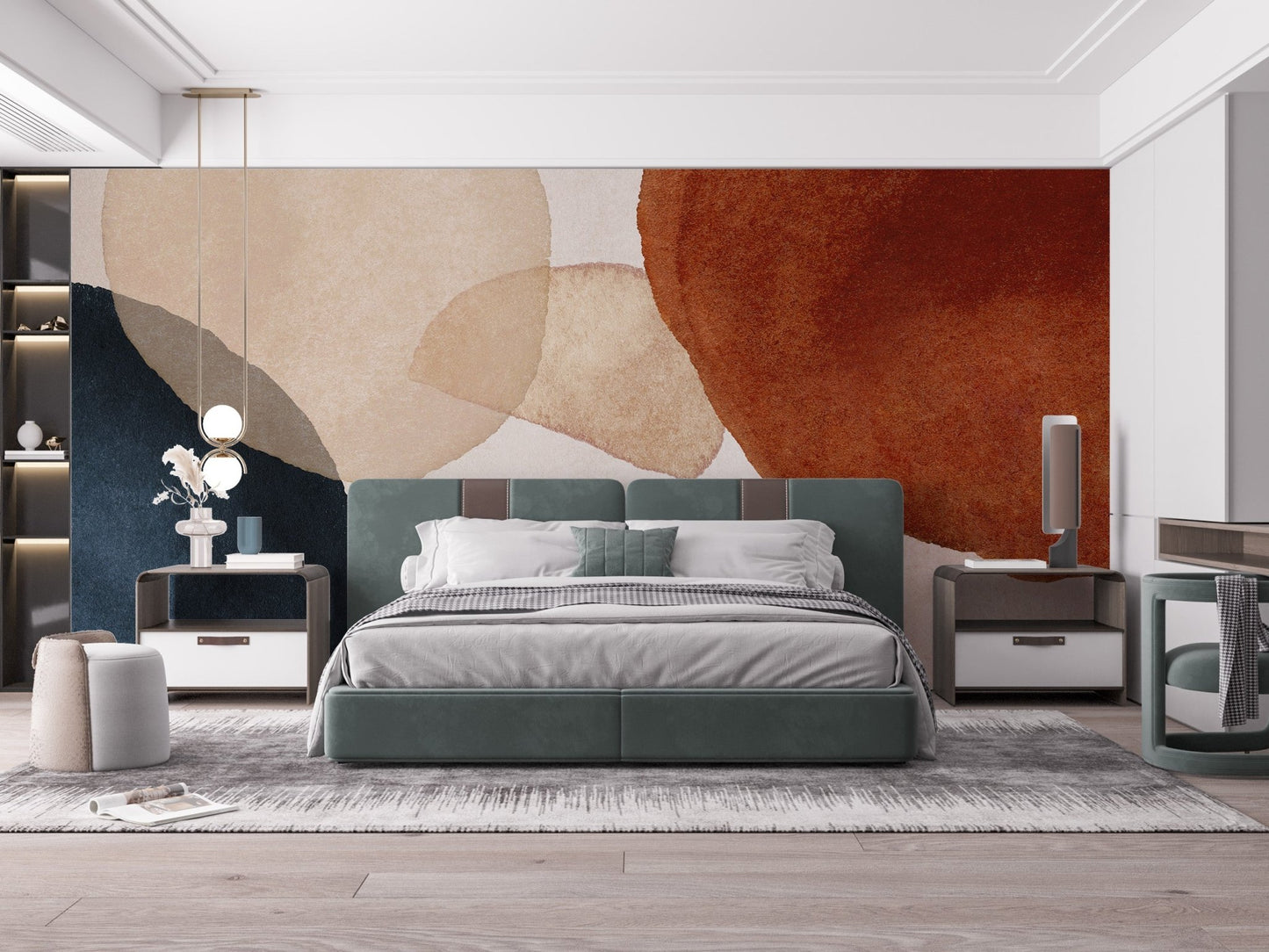 Master suite with green bedding and large scale abstract shape watercolor wall mural.