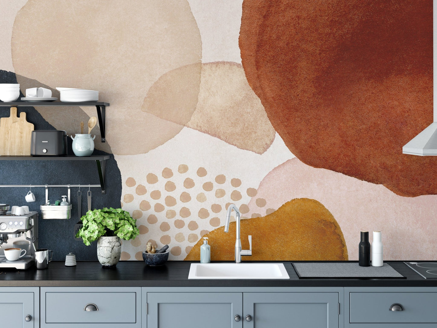 Kitchen area with grey cabinets and terracotta dot melody pattern wall mural.