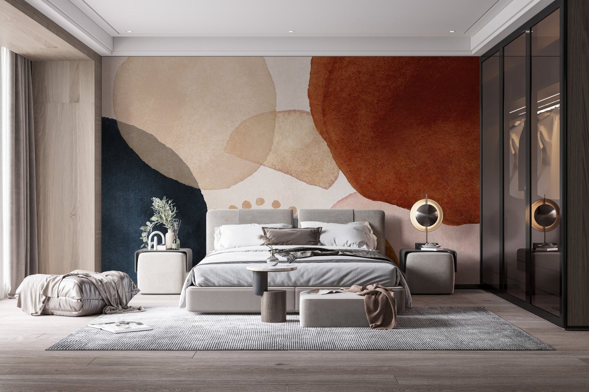 Minimalist bedroom featuring a grey bed and Subtle Watercolor Melody Wall Murals.