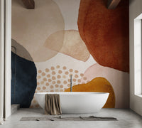 Modern bathroom with a white bathtub and moisture resistant watercolor wall mural.