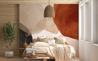 Guest room with neutral tones and terracotta circle melody wall mural.