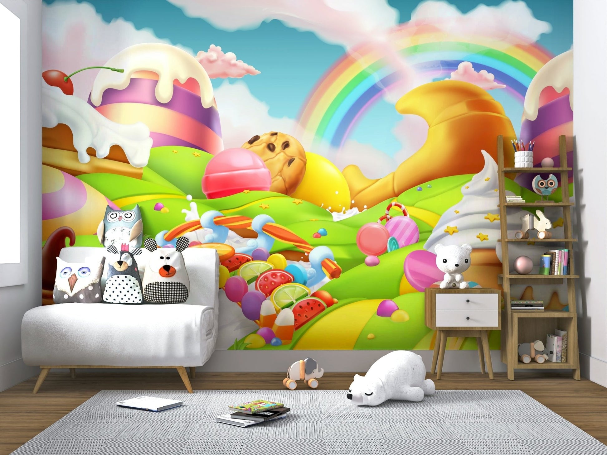 Sugar Rush Paradise mural showing sweet treats in a home office.