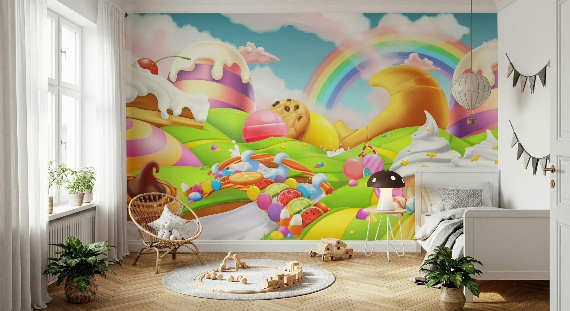 Bold candy land scene on a large feature wall in a playroom.