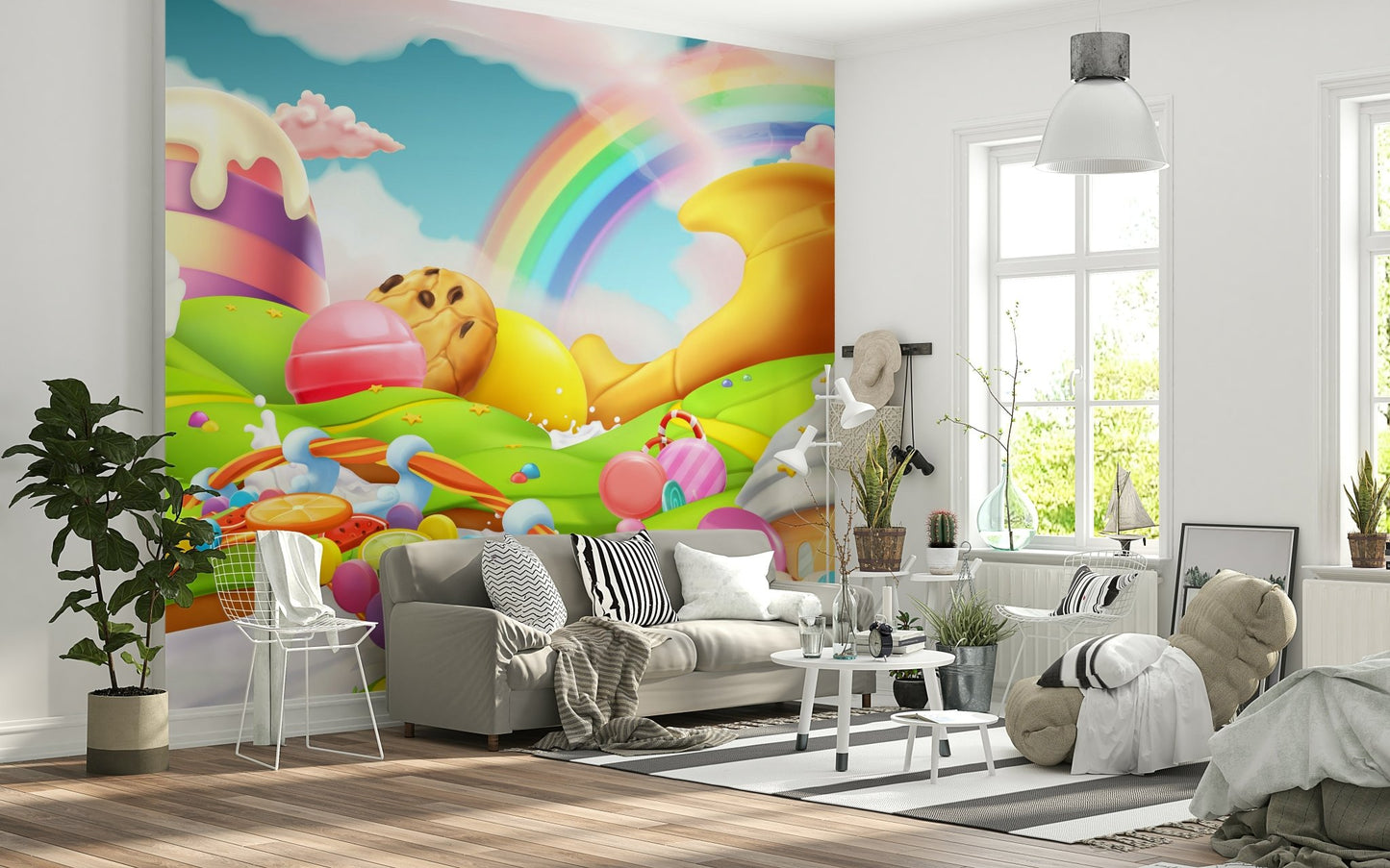 Whimsical treat-inspired mural for a modern apartment space.