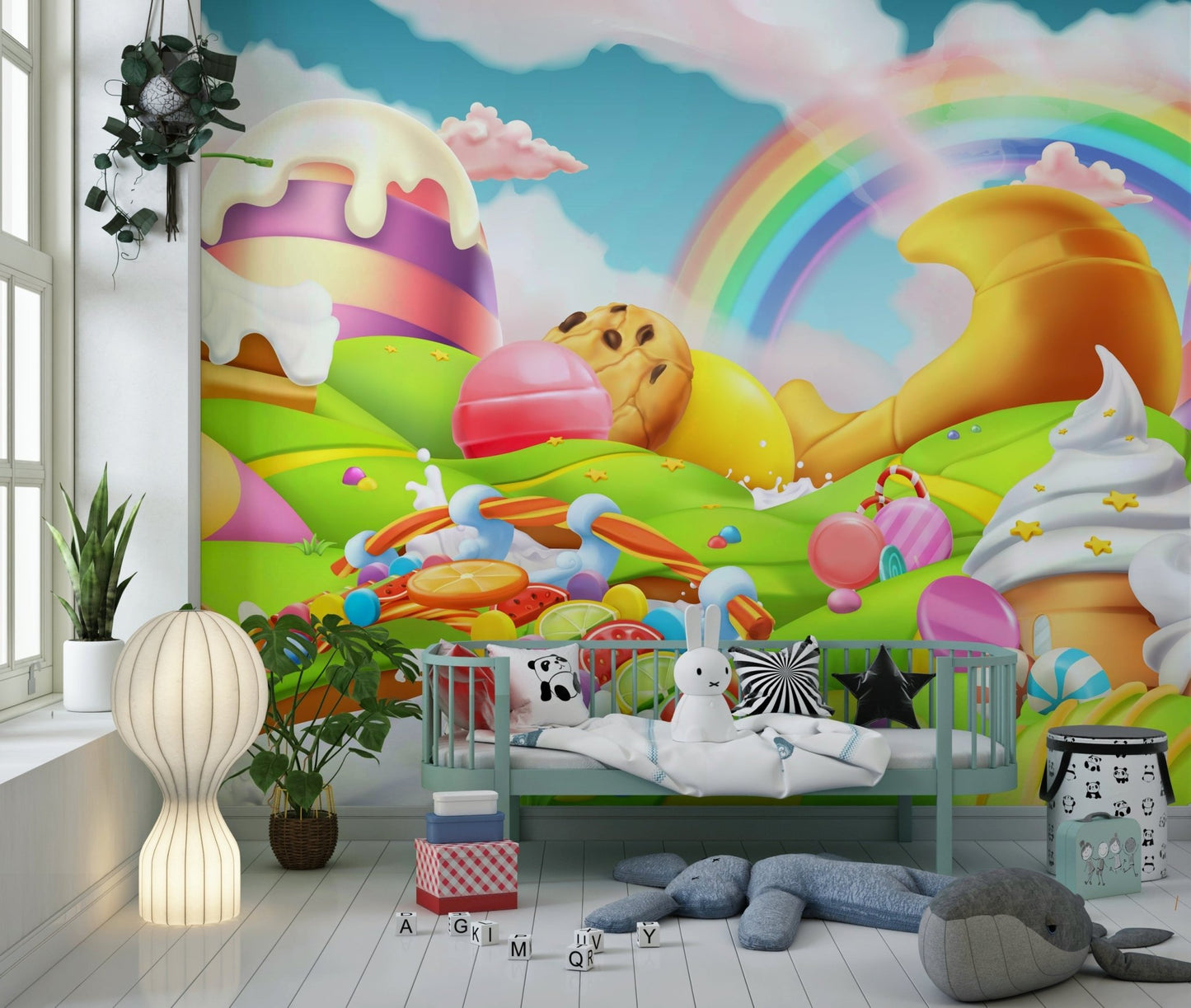 Colorful candy-themed apartment wall decor with pink and blue hues.