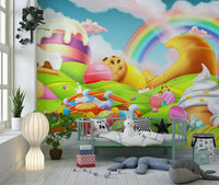Colorful candy-themed apartment wall decor with pink and blue hues.