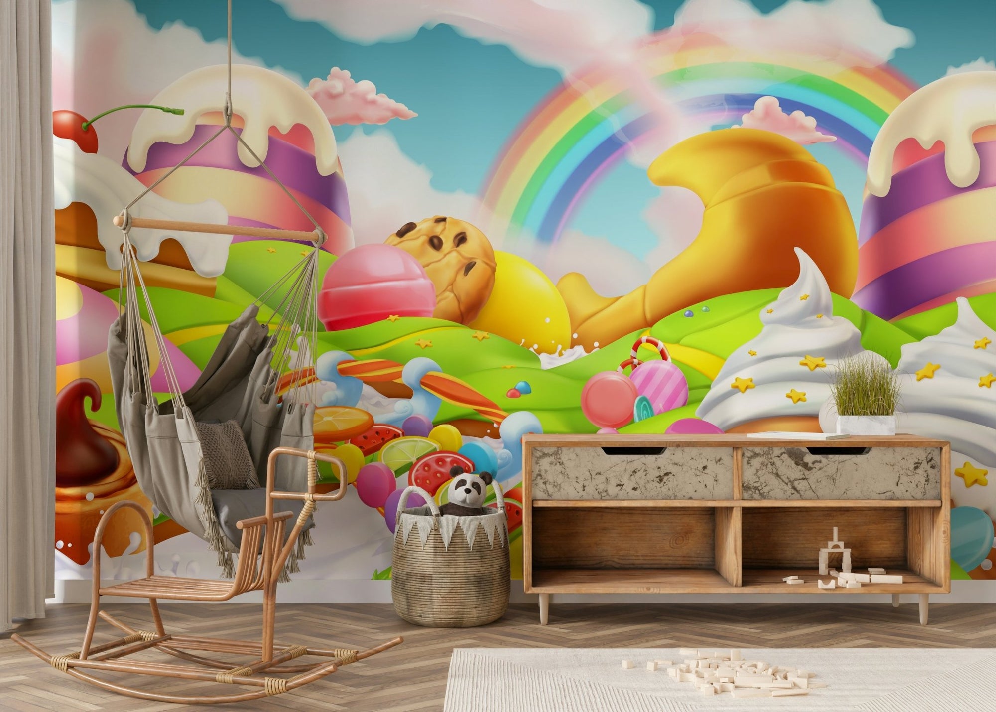 Sugar Rush Paradise Wall Mural with pastel candy patterns in a bright living space wallpaper.