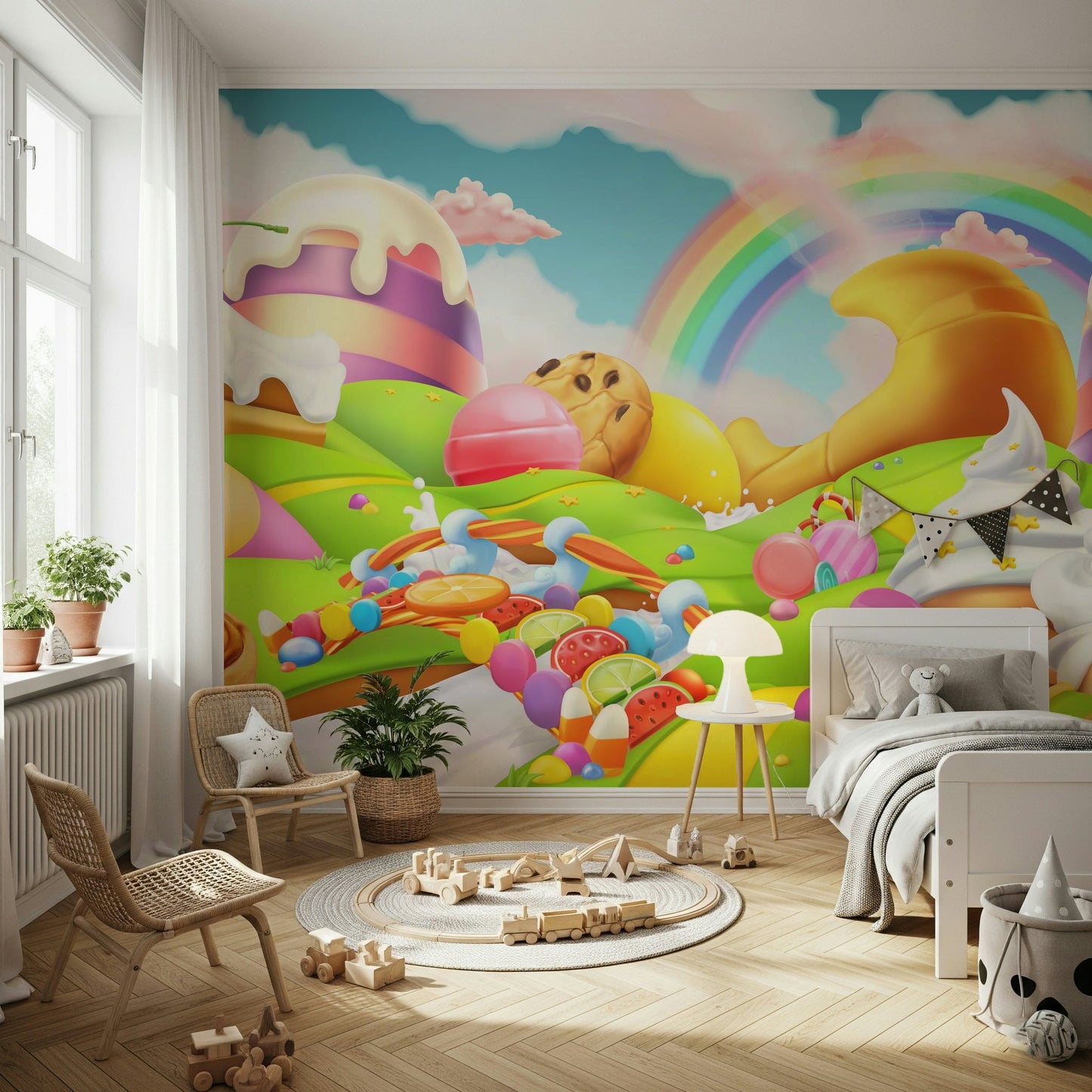 Bold candy land scene on a large feature wall in a playroom.