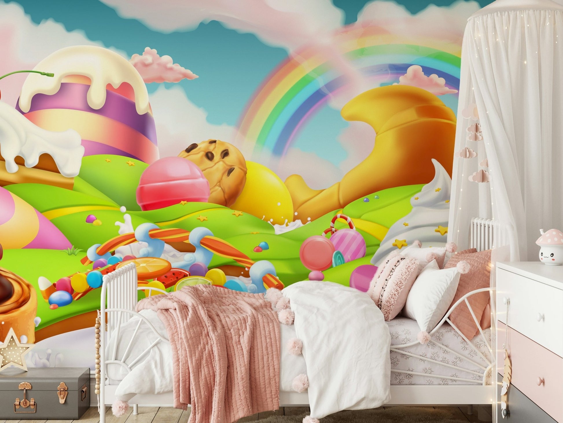 Playful pastel wallpaper for a serene bedroom feature wall.