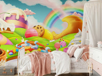 Playful pastel wallpaper for a serene bedroom feature wall.