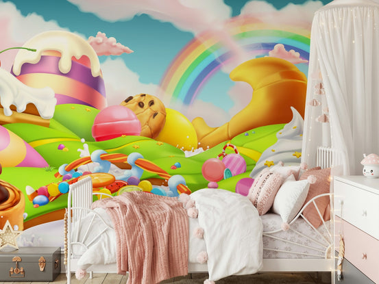 Playful Sugar Rush Paradise Wall Mural behind a velvet sofa in a lounge area.