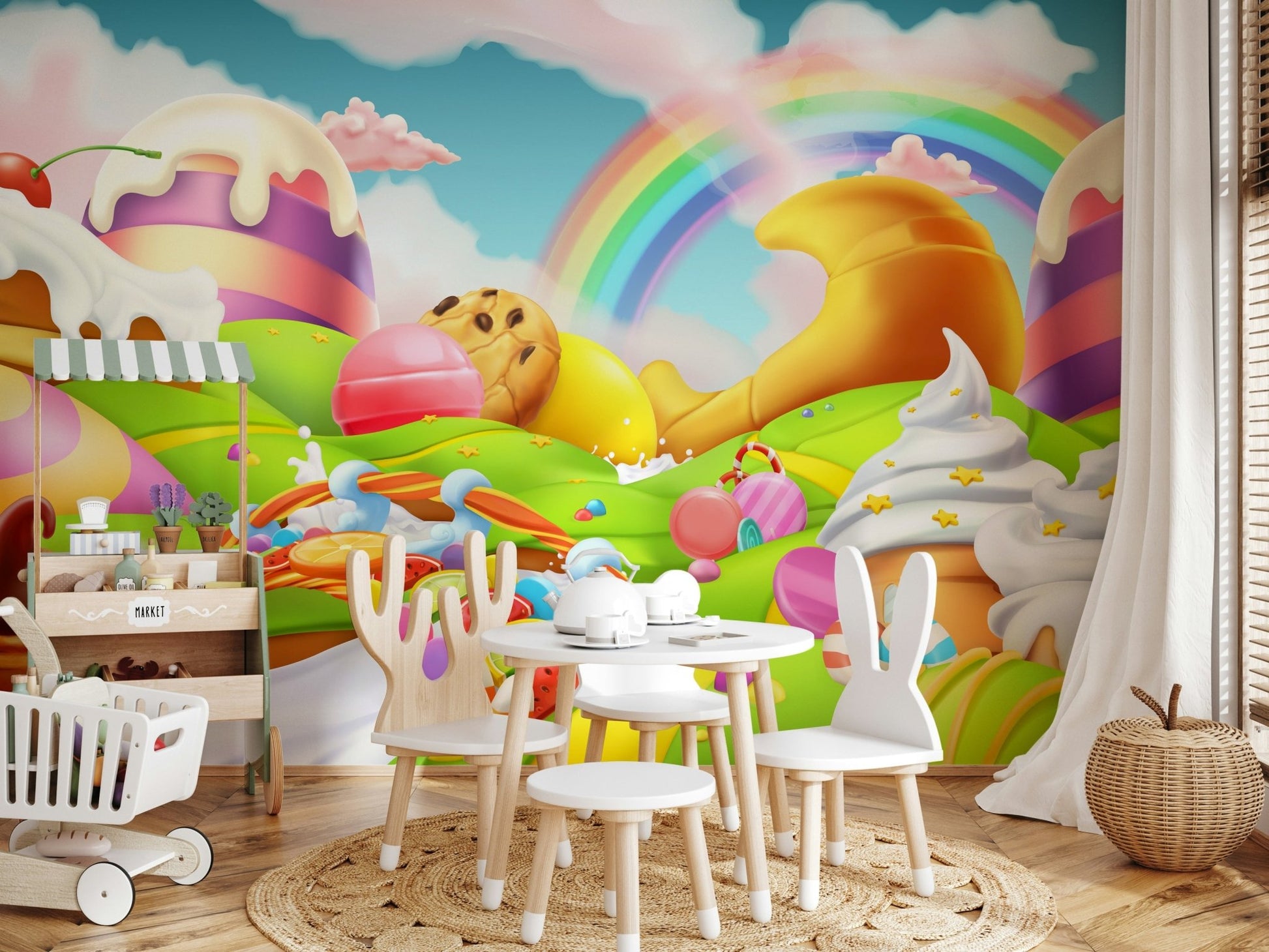 Whimsical treat-inspired mural for a modern apartment space.