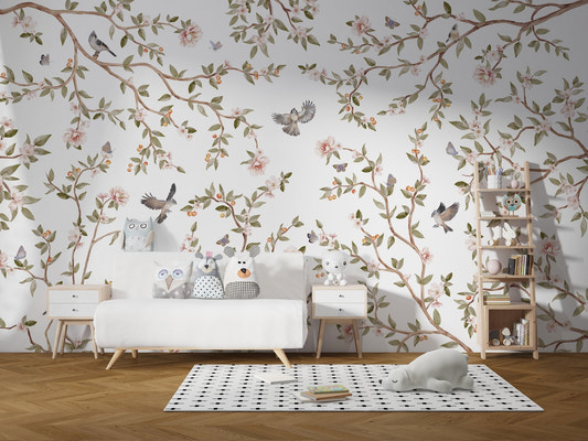 Elegant rose wallpaper with floral branches and birds on white background wall mural.