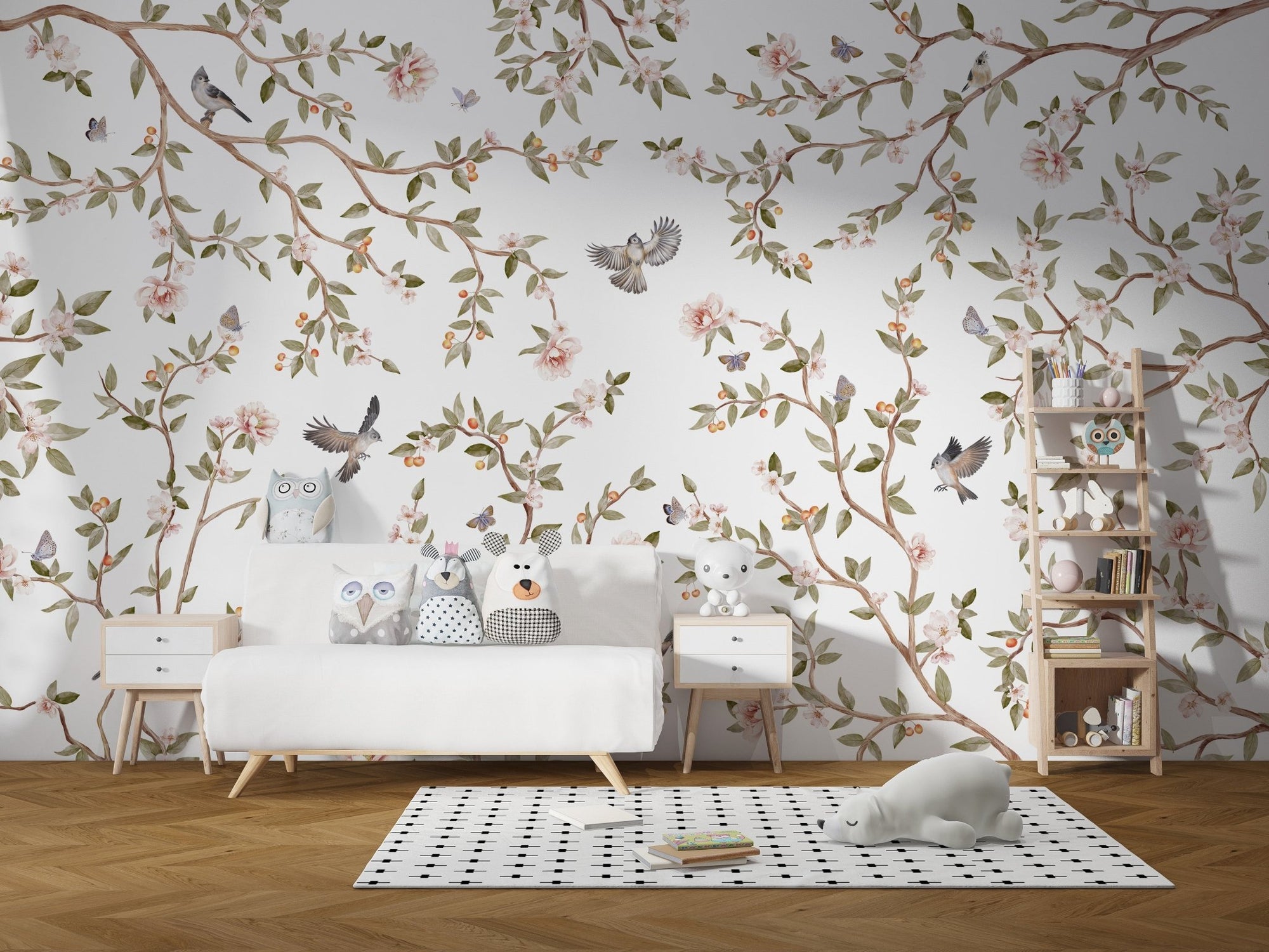 Elegant rose wallpaper with floral branches and birds on white background wall mural.