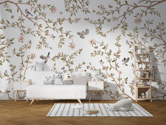 Elegant rose wallpaper with floral branches and birds on white background wall mural.