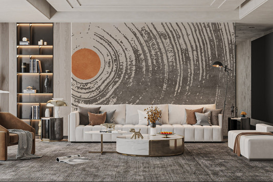 Radiant sun centered abstract circular wall mural with artistic wave line design.