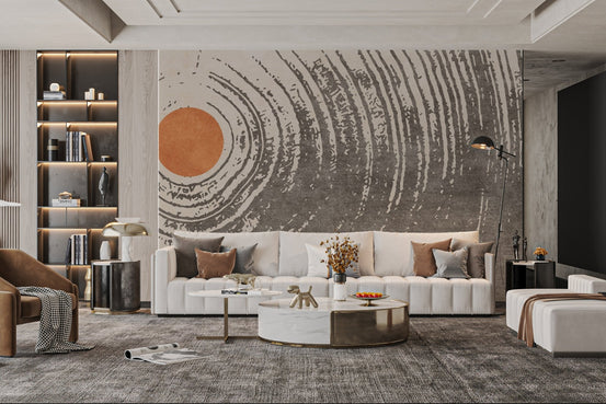 Radiant sun centered abstract circular wall mural with artistic wave line design.