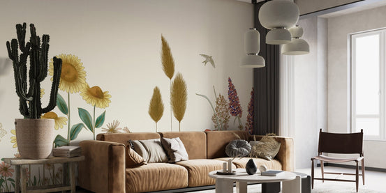 Floral meadow wallpaper mural featuring tall sunflowers and grasses.