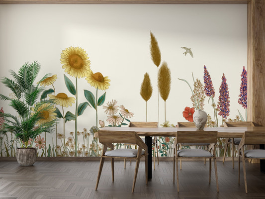 Artistic sunflower field wall mural with beige background.