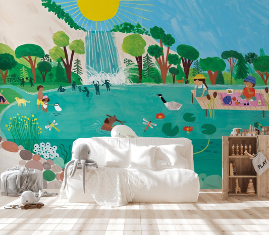 Sunny picnic kids wall mural lake scene wallpaper with bright sky colors.