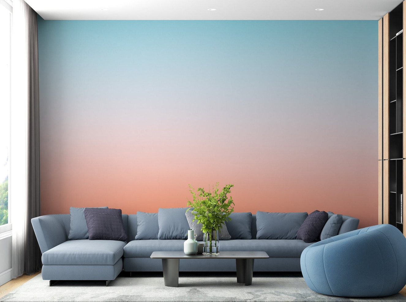 Sunrise gradient peaceful wall mural in soft blue and peach color fade.