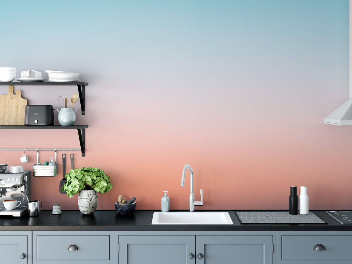 Minimalist blue to coral gradient wall mural for modern wall decor.