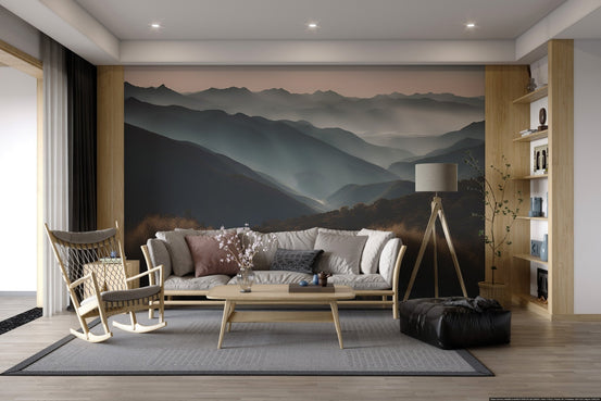 Layered mountain range landscape wall mural in soft dawn light.