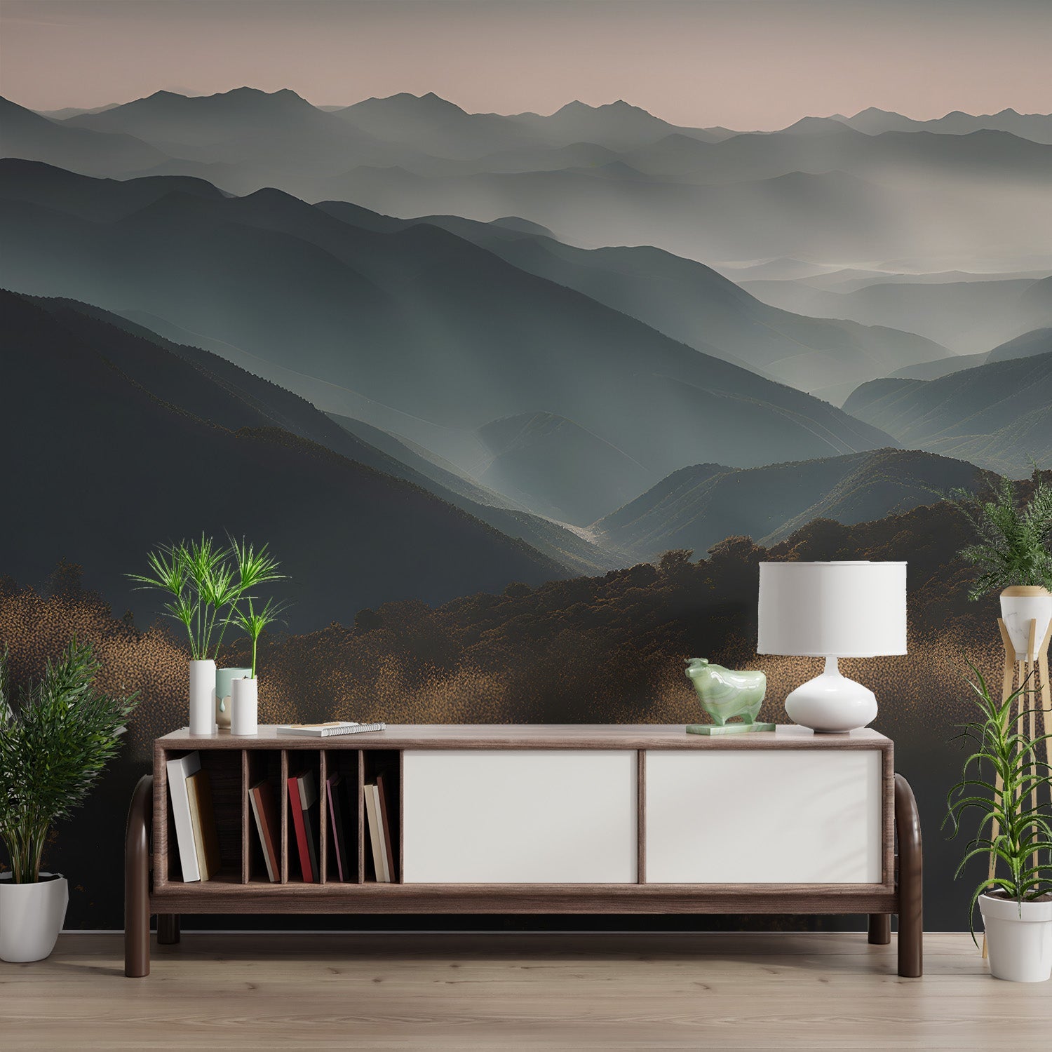 Sunrise misty mountain wallpaper with blue peaks and morning haze.