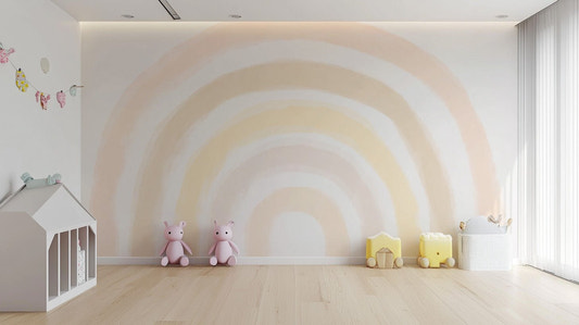 Sunrise rainbow wallpaper mural with soft pastel watercolor arches.