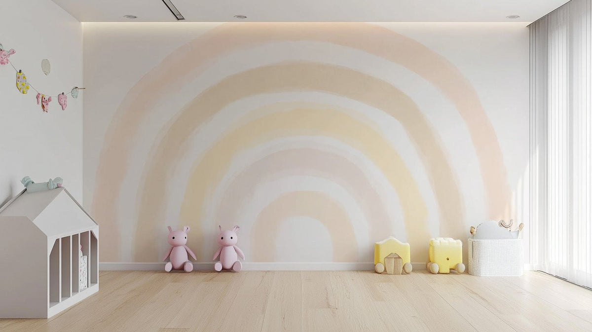 Sunrise rainbow wallpaper mural with soft pastel watercolor arches.