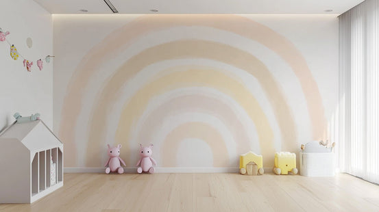 Sunrise rainbow wallpaper mural with soft pastel watercolor arches.