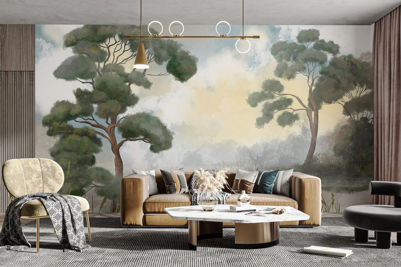 Serene woodland wall mural with tall trees and golden sky.
