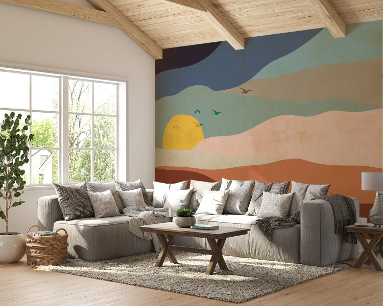 Sunset Abstract Wall Mural for minimalist apartment living room.