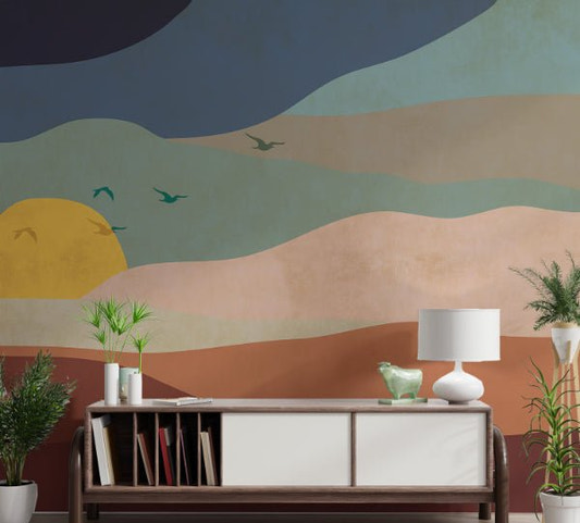 Sunset Abstract Wall Mural with matte finish for residential hallway areas.