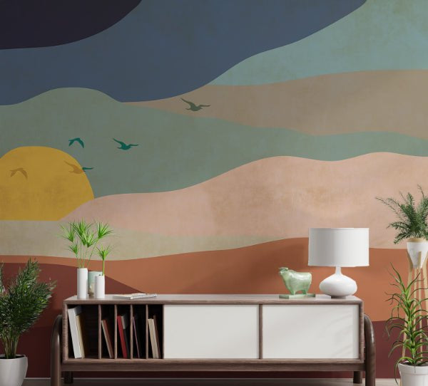 Sunset Abstract Wall Mural with matte finish for residential hallway areas.