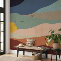 Modern sky and hill wall mural using navy blue and light green hues.
