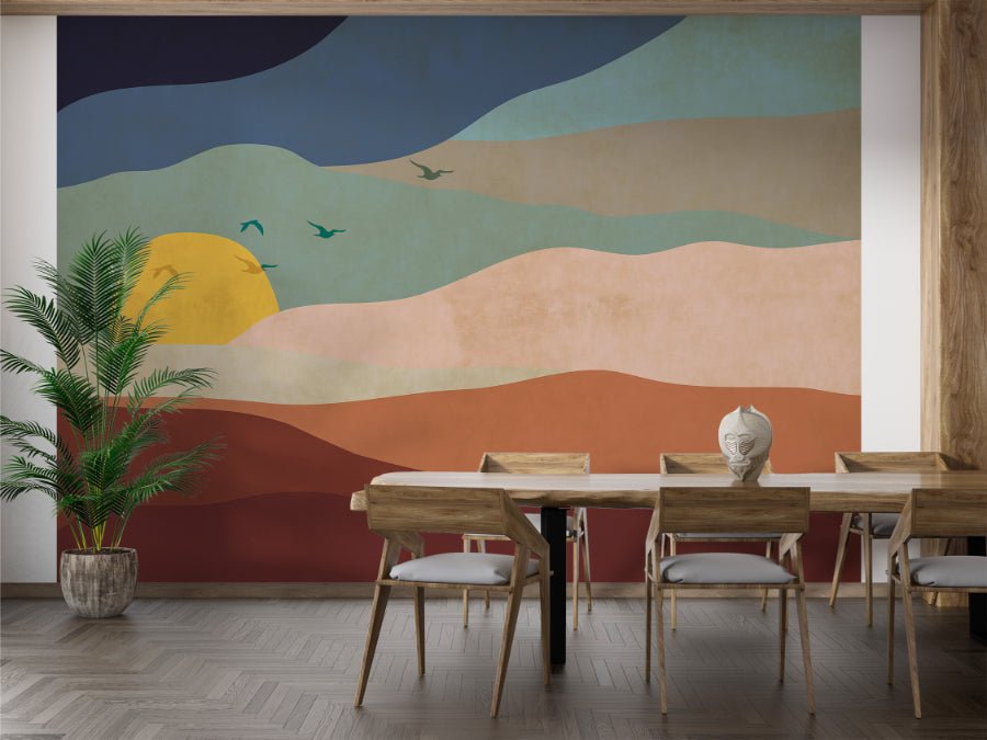 Warm terracotta and peach desert wall mural for contemporary dining areas.