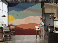 Minimalist boho sun and bird wall mural in navy and pink tones for a cafe area.