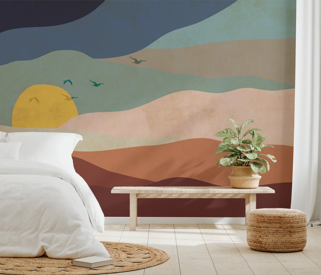 Terracotta and teal desert landscape mural for bedroom feature walls.