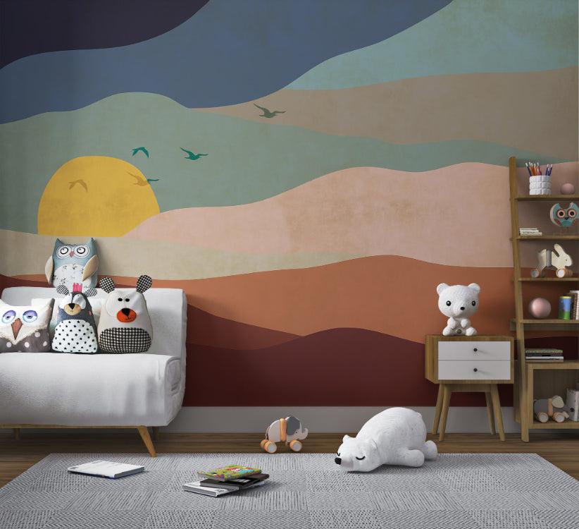 Sunset Abstract Wall Mural with yellow sun and birds for nursery.